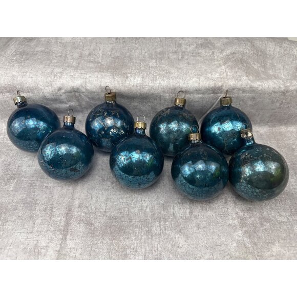 Mercury Glass Blue Crackle Christmas Ornaments Made USA Set of 8 Vtg - Picture 7 of 9